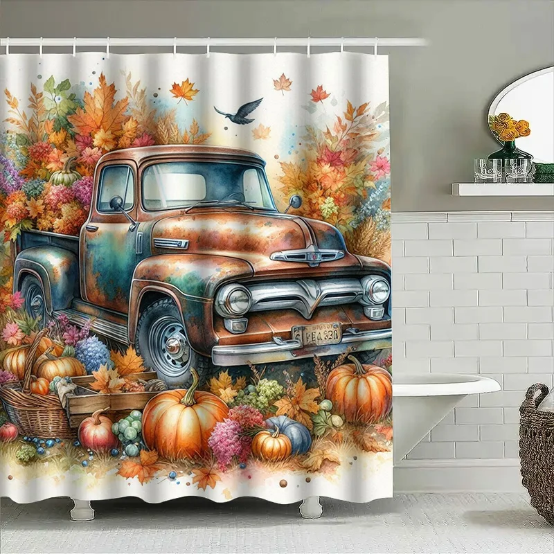 

Tuniu Vintage Truck Autumn Fall Harvest Shower Curtain Retro Car Decor for Bathroom Kids Room Halloween Decor
