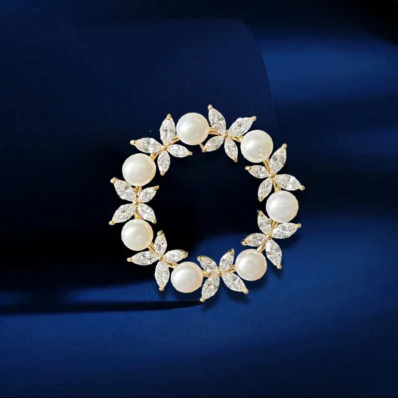 OKILY Luxurious Handmade Freshwater Pearl Circle Brooch Pin Elegant Geometric Zircon Broche for Women's Scarf Buckle 2024