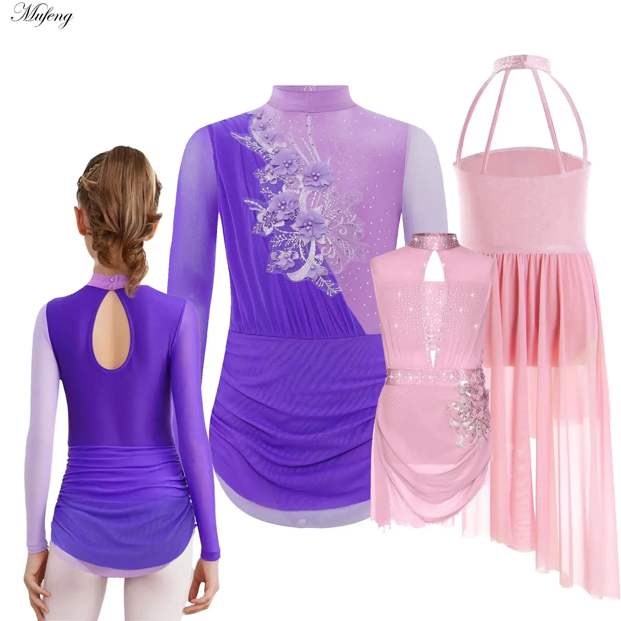 Meisjes Kunstschaatsen Jurk Ballet Dans Begrenste Turnpakje Tutu Strass Gymnastiek Bodysuit Applique Mesh Competitie Kostuum