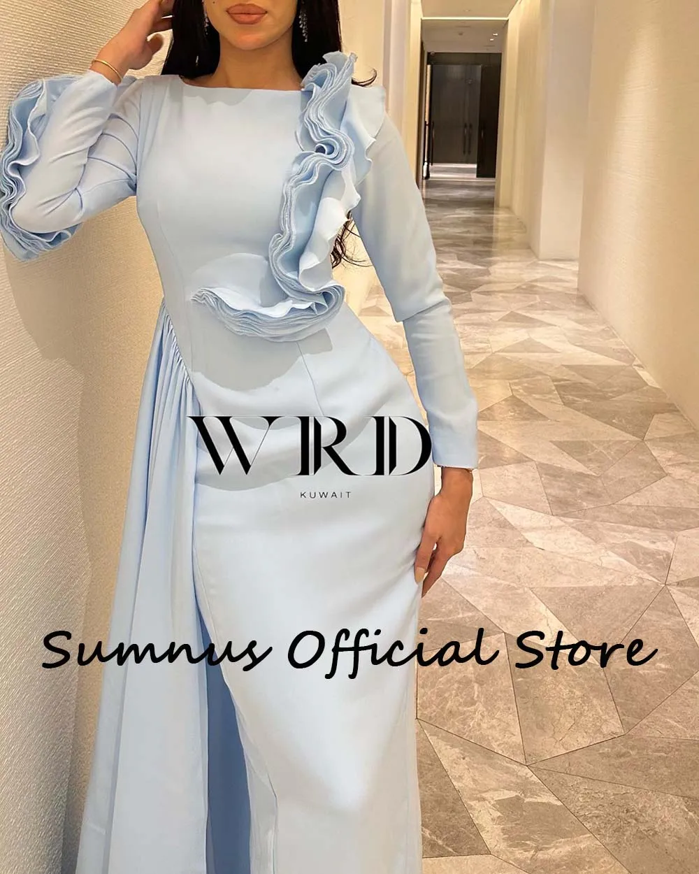 Sumnus Sky Blue Mermaid Evening Dresses Long Sleeve Ruffles Satin Saudi Arabic Prom Party Dress with Skirt Dubai Formal Gowns