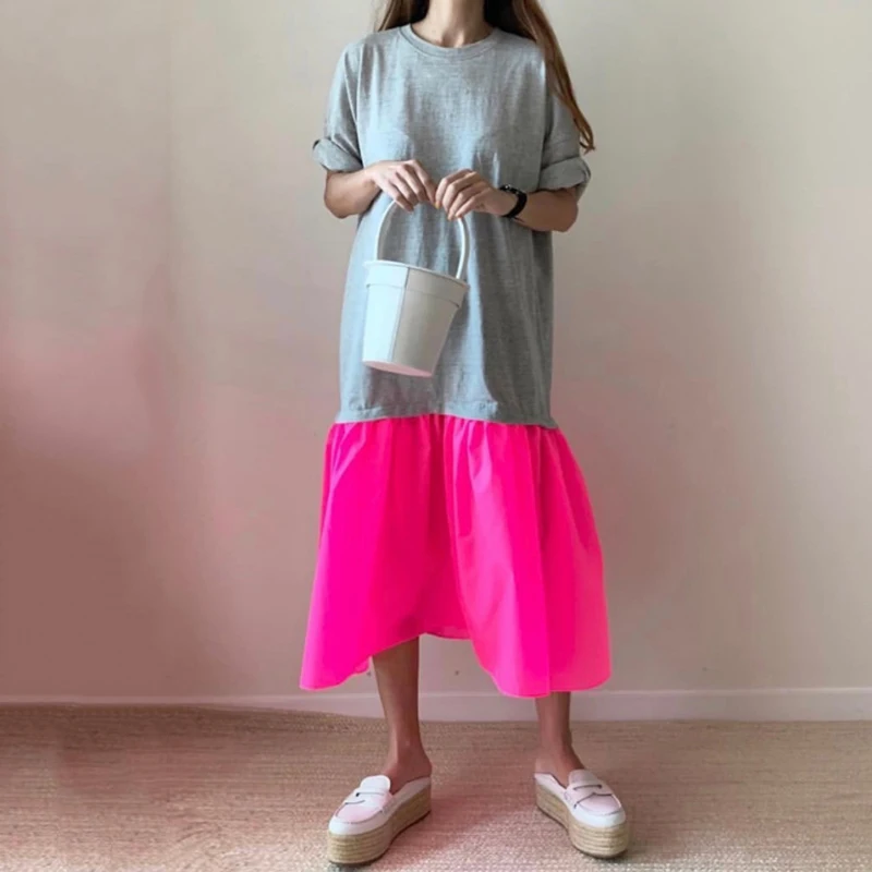 Chic Anti-âge rond Ne ample ourlet plissé couleur Blo T-shirt Sle Long Dr femmes coréen Sle trajet été Dr