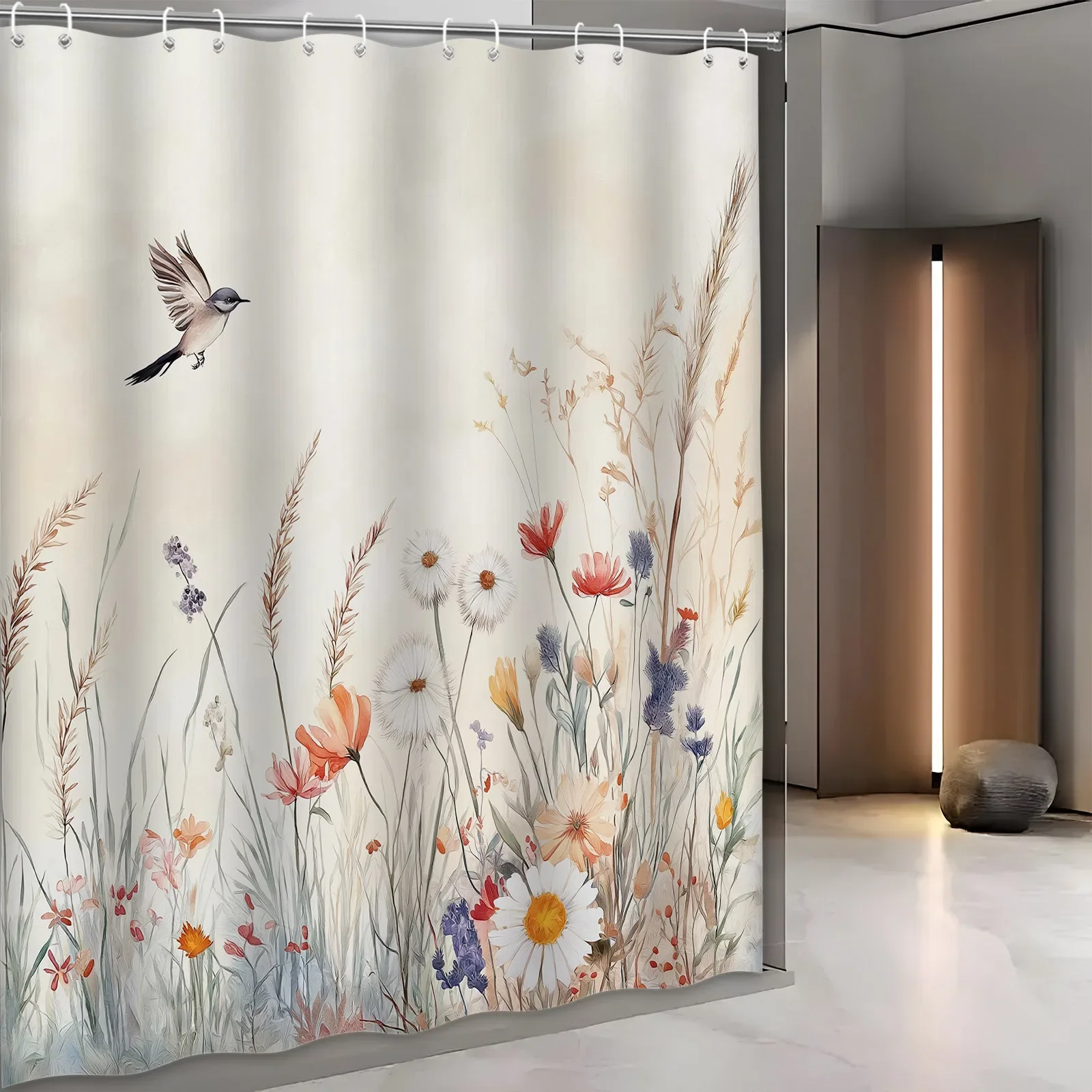 HI-Whimsical Meadow Bath Curtain - Watercolor Floral & Bird Design, Red Poppies, White Daisies, Purple Blooms, Pale Beige Blue S