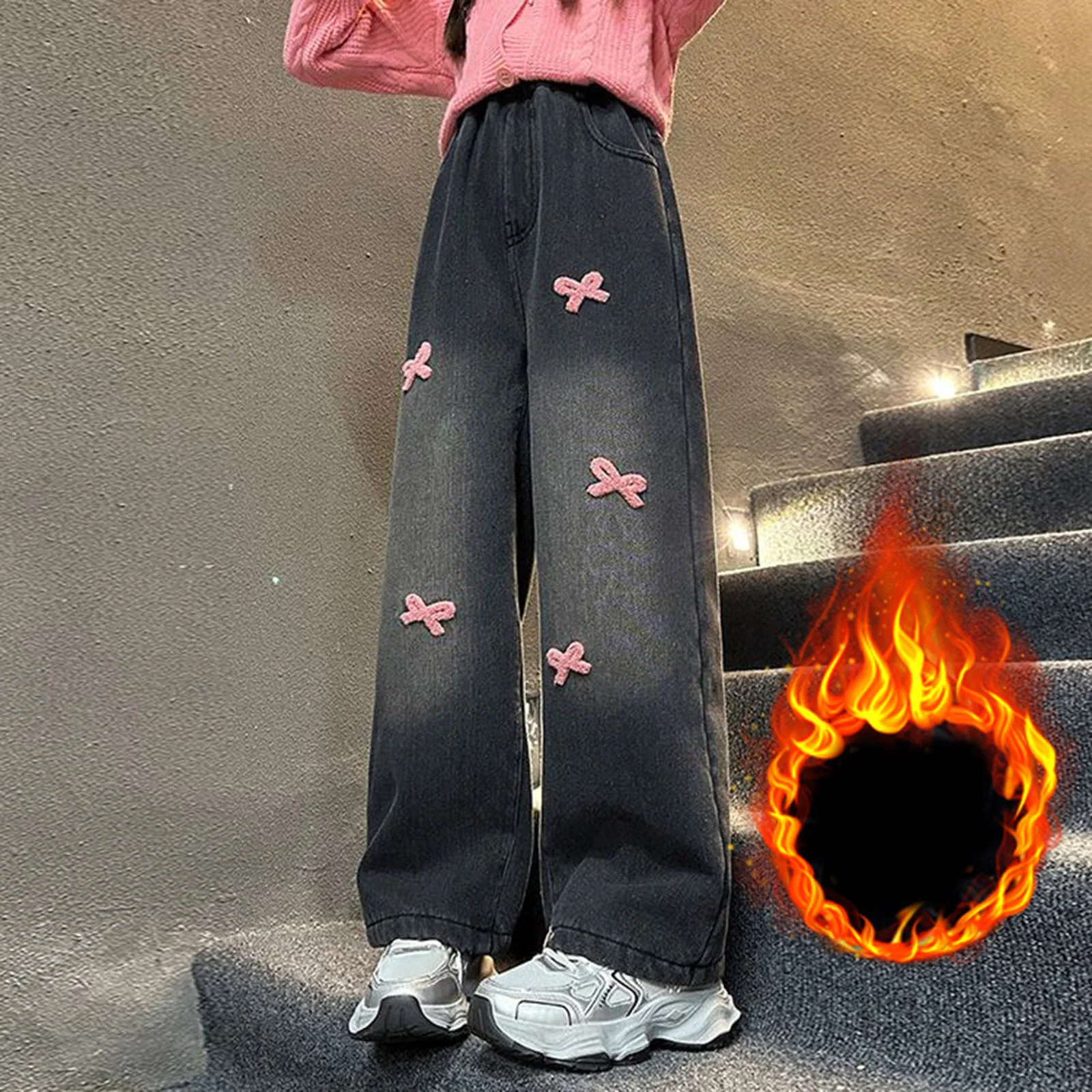 

Footed Pants Girl Fall Winter Bow Embroidered Girls Fleece Lined Thickened Straight Leg Pants Loose Olive Toddler Girl Pants