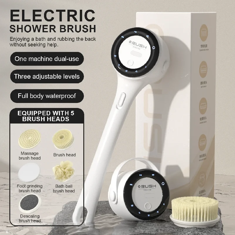 2026 NEW Electric Shower Body Cleaning Brush 5 Heads Spinning Spa Bath Brush Waterproof Long Handle Personal Back Rubbing 3 Gear