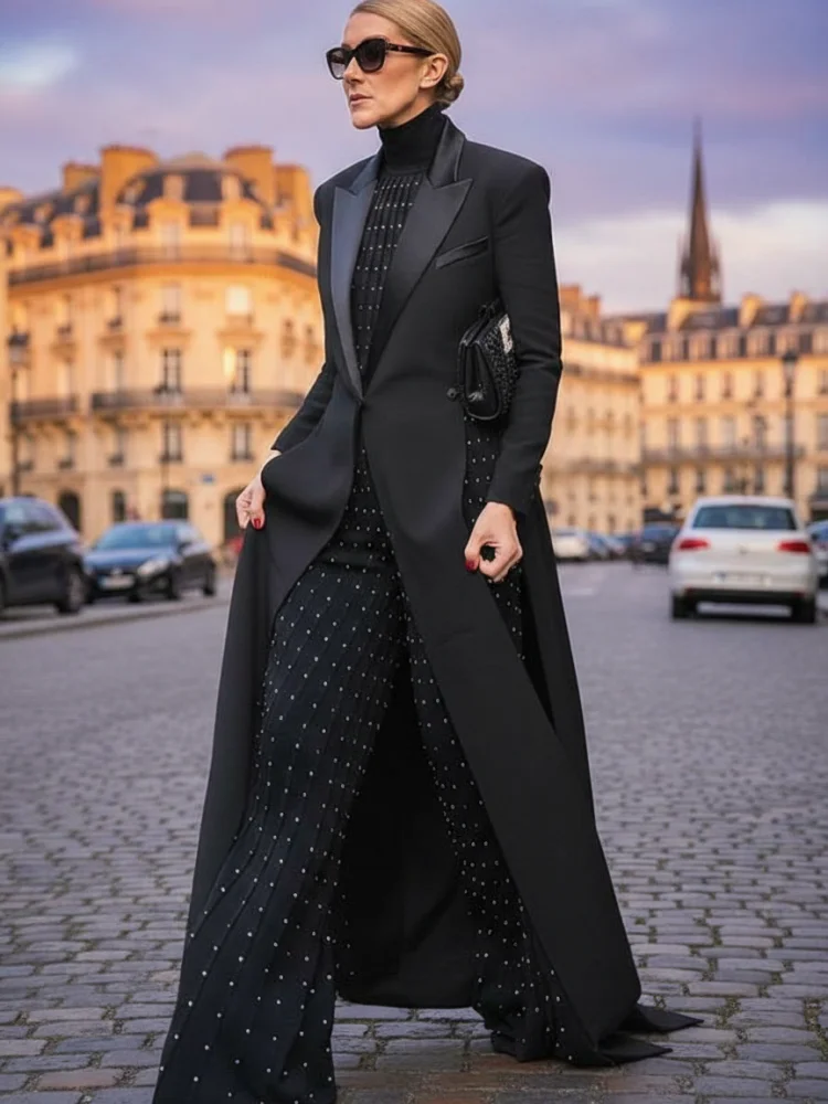 Bonboho 2026 Women\'s Elegant Blazer Jacket Solid Black Slim Long Sleeve Extra-Long Splited Blazer Coat Female Formal Outerwear