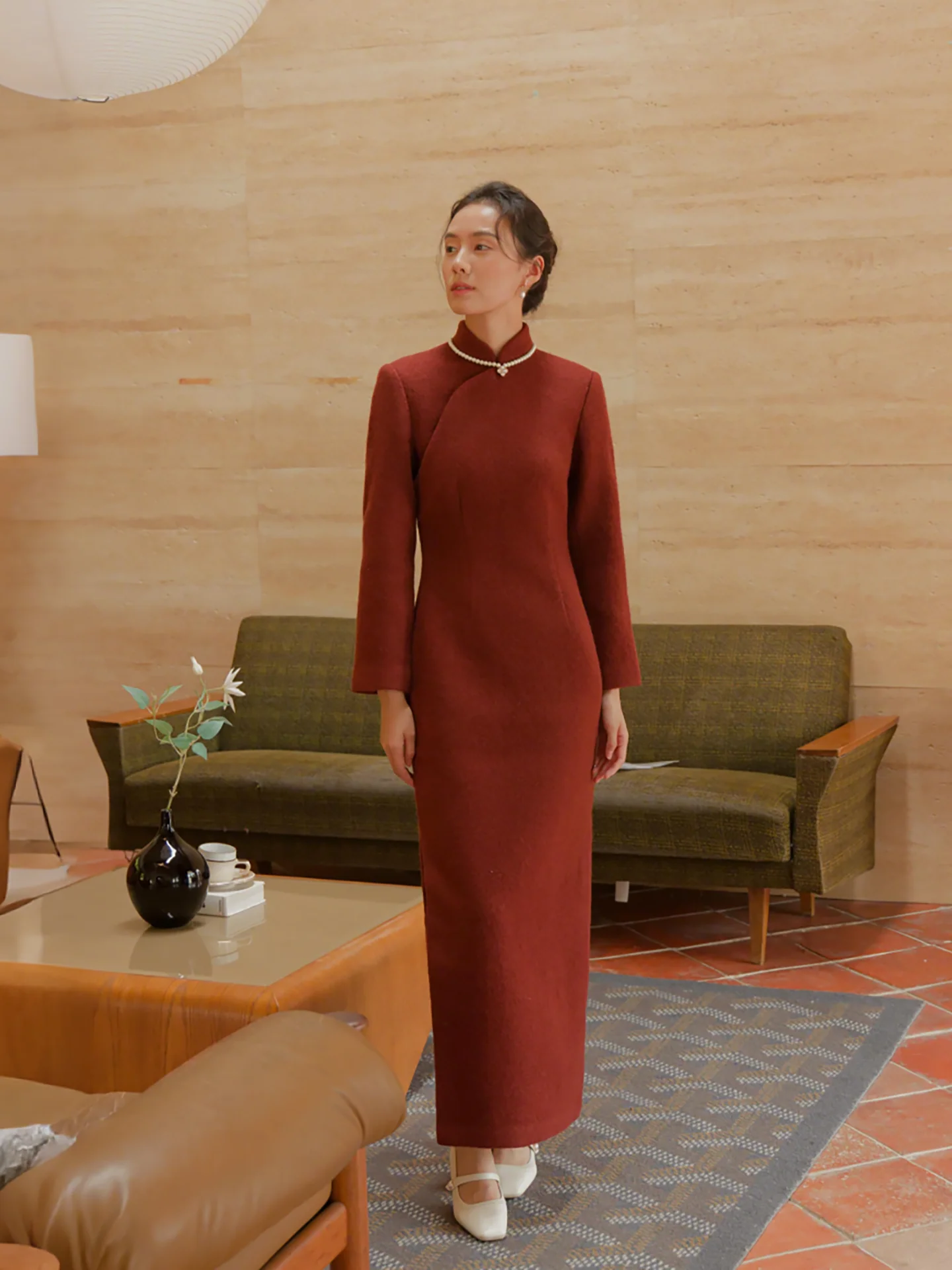 

M Autumn Winter New Arrival Vintage Sle Long Wool Red Qipao with Side Zipper Nine-Point Sve Warm Maple Le Dr