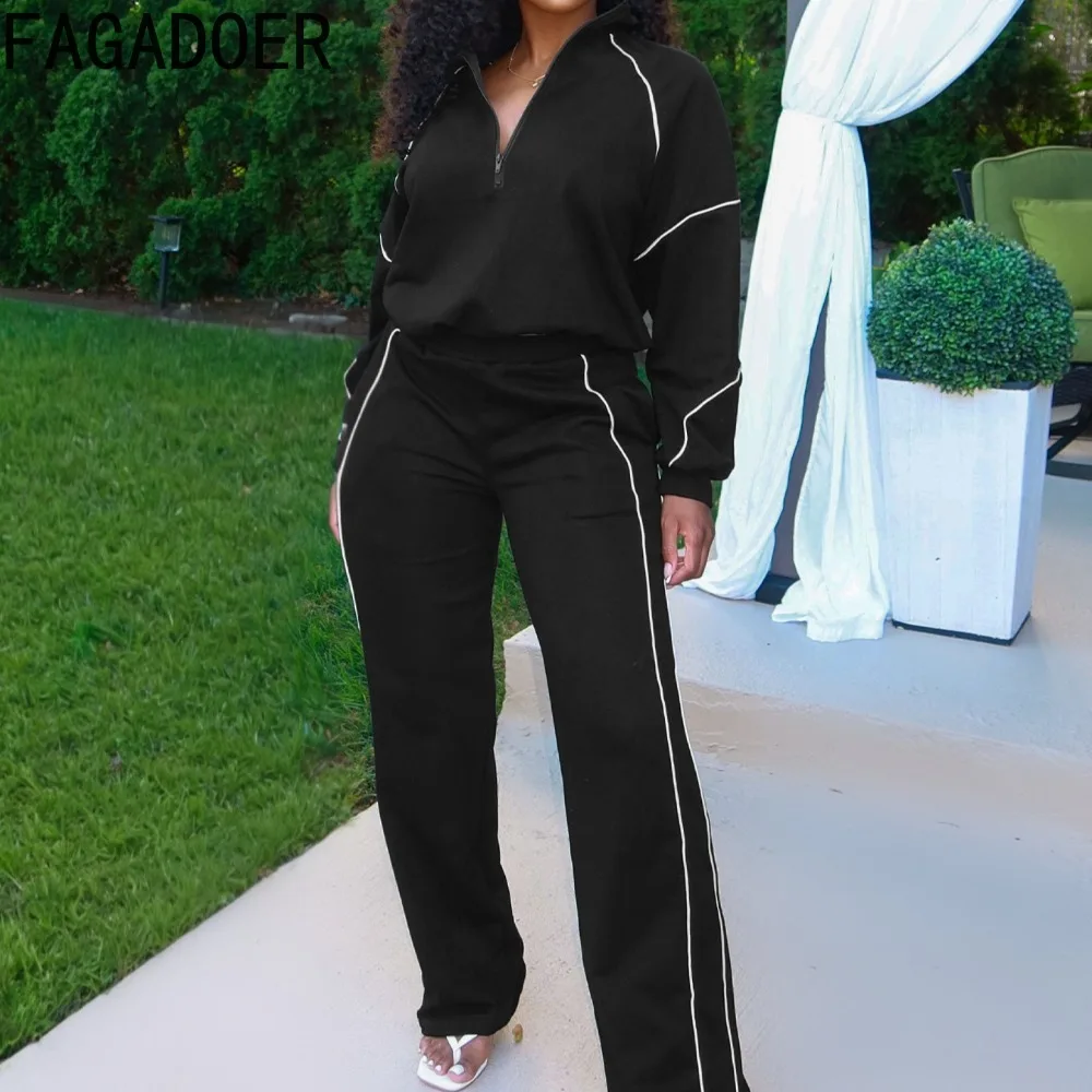 FAGADOER Casual Two Piece Outfits Woman Solid Color Zipper Long Sleeve Crop Top and Pants Matching Suit Female Streetwear New