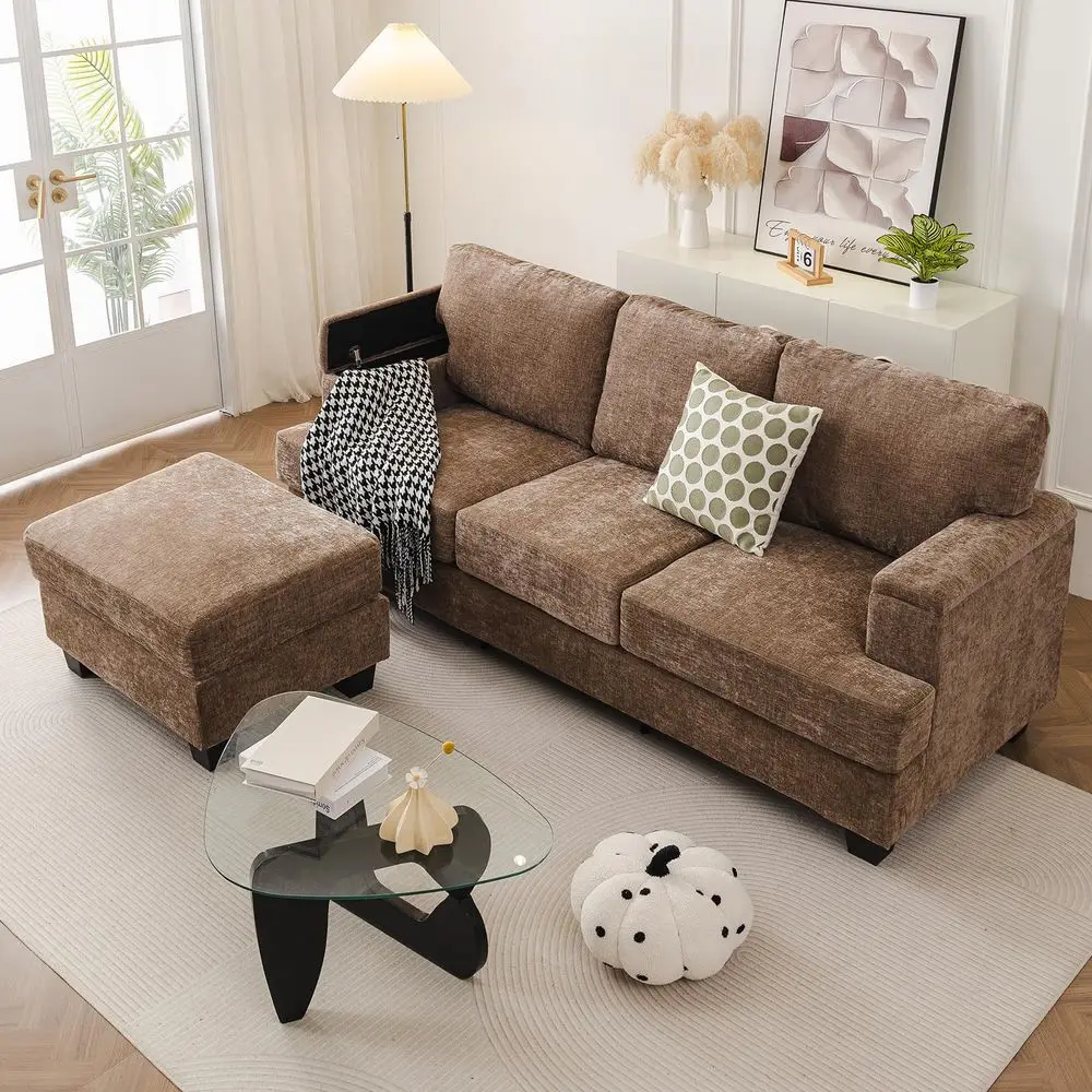 

L Shaped Couch with Armrest Organizer,3 Seats Sofas with Movable Ottoman,Comfy Sectional Sofa with Thick Cushion,Chenille Secti