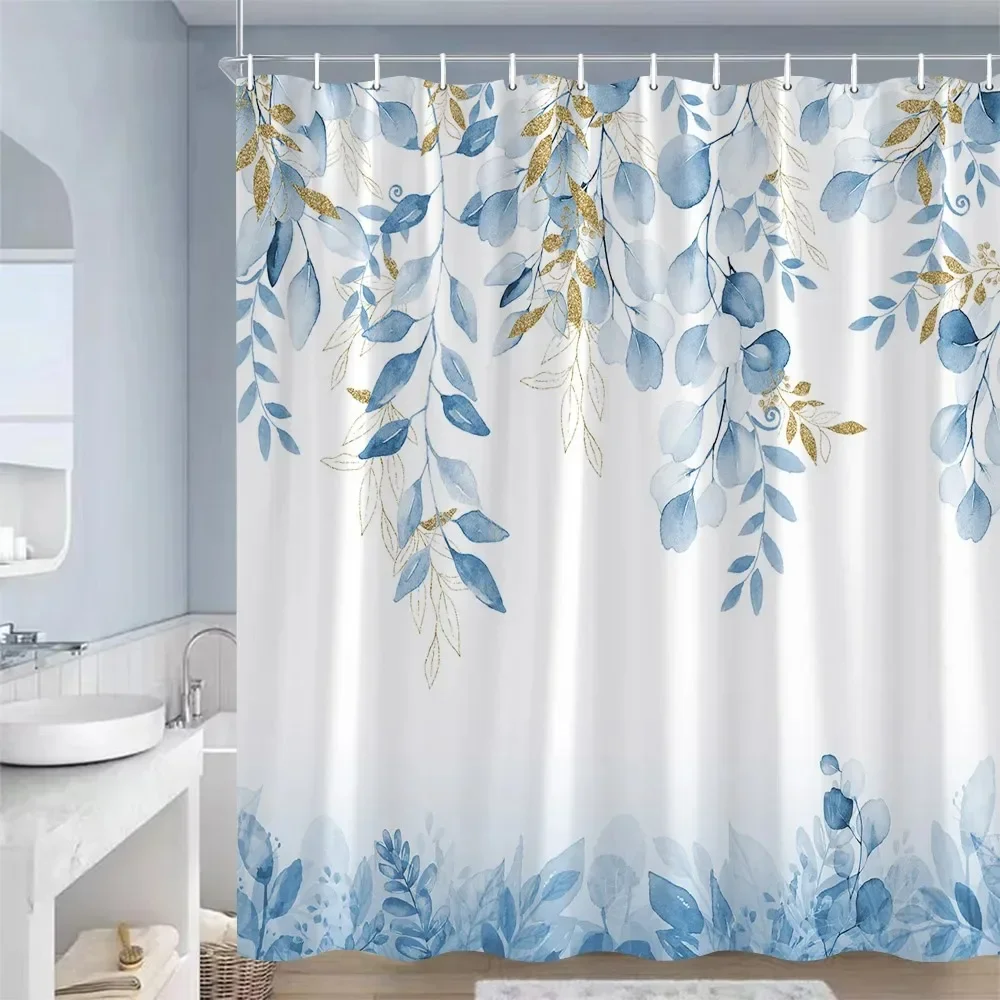 

Blue Leaves Shower Curtain Watercolour Plant Eucalyptus Leaf Modern Simple Home Bathroom Decor Fabric Bath Curtains With Hooks