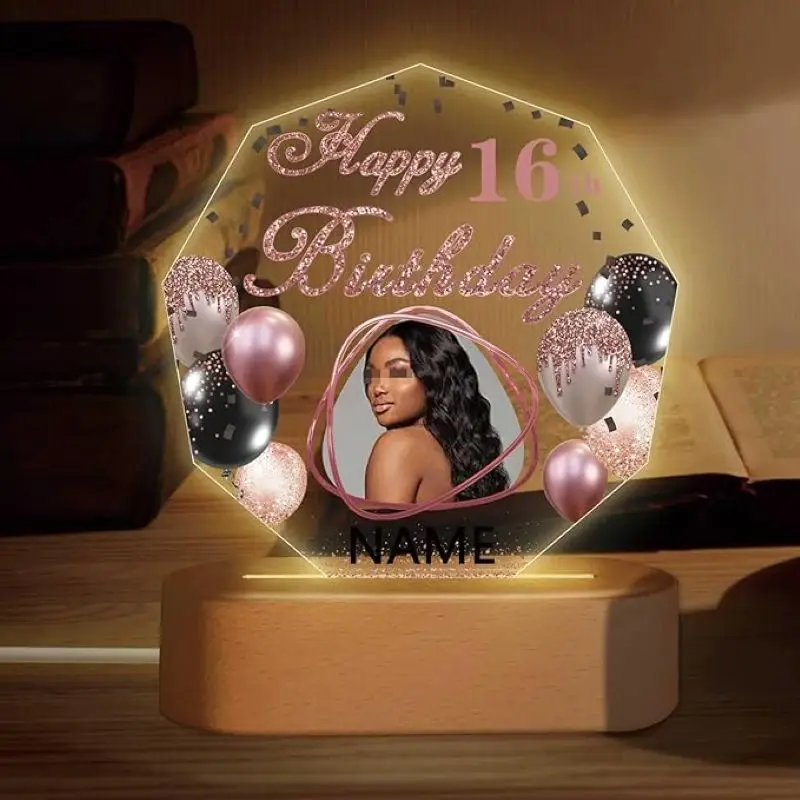 

Personalized Black and Gold Happy Birthday Night Light Gift with Photo Customized Acrylic Plaque Lamp Birthday Gift for Mom, Dad