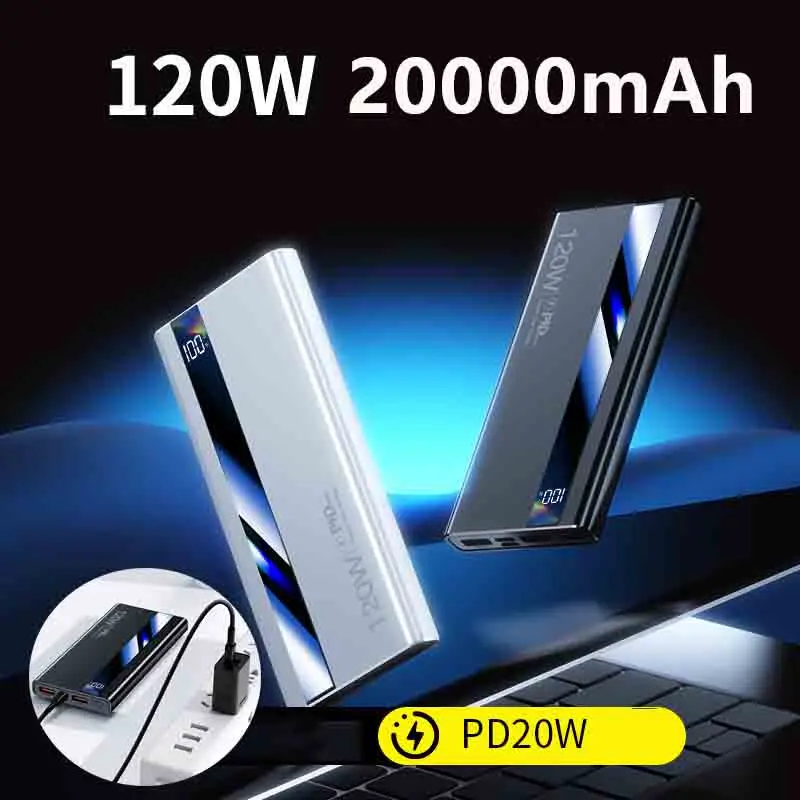 

20000 мАч Power Bank 120 Вт Сверхбыстрая зарядка PD20W Цифровой дисплей Внешний аккумулятор Powerbank для Iphone Samsung Huawei