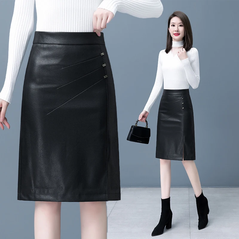 

Women's mid-length leather skirt for autumn and winter2023New High Waist SlimmingPULeather casual women's hip bagaLine skirt