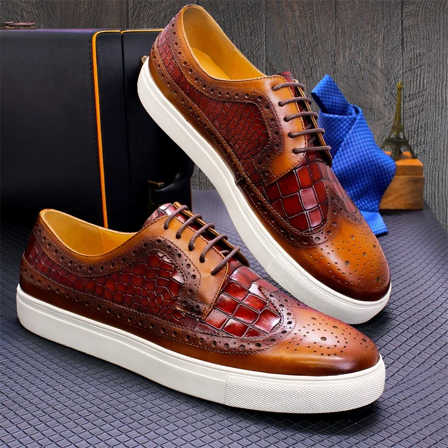 Genuine Leather Flat Sneakers Comfortable Handmade Mens Casual Shoes Brogue Wingtip Crocodile Print Non-slip Derby Shoes for Men