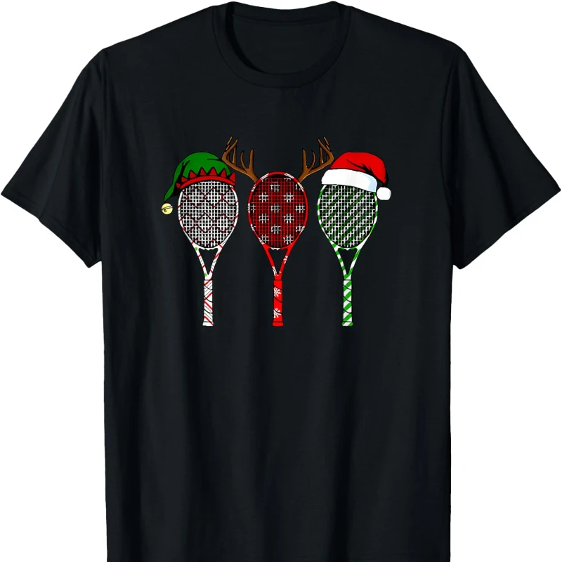 Tenis Merry Chistmas 3 Raqueta De Tenis Camiseta De Navidad, Czarna Koszulka z Krótkim Rękawem i Okrągłym Dekoltem, Bawełniana, Na Wszystkie Sezony, Do Noszenia na Zewnątrz