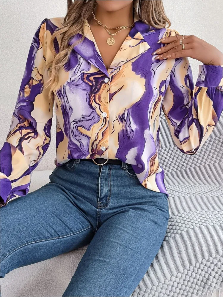 2024 Women's Spring Summer New Leisure Fashion Contrast Stripe Printed Suit Collar Long Sleeved Button Shirt For Women