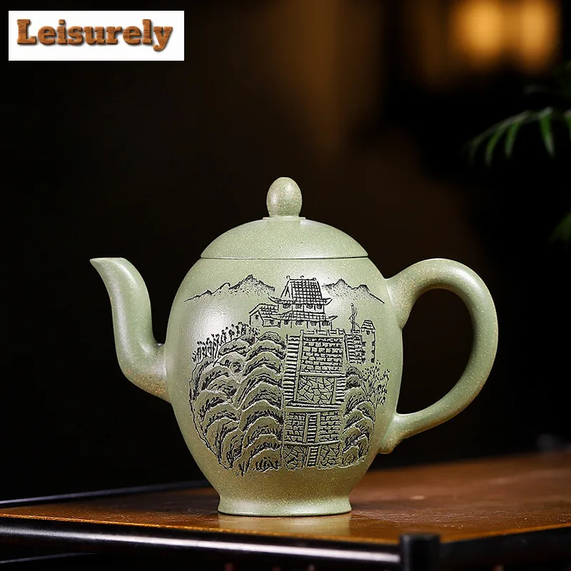 

200ml Yixing Purple Clay Teapots Handmade Carved Beauty Shoulder Pot Raw Ore Pea Green Mud Kettle With Filter Zisha Tea Set Gift