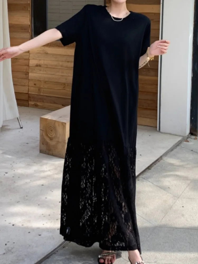 Verão solto renda splice dupla camada ombro manga camiseta vestido preto estilo elegante venda quente da temporada vestidos casuais