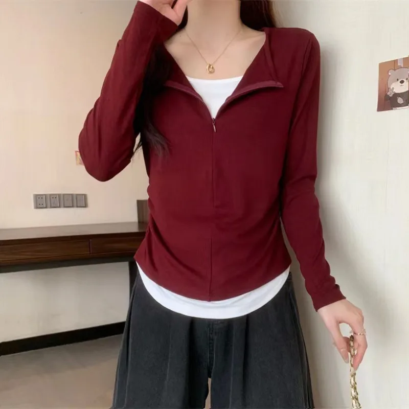 

Long Sleeve T Shirt Women Fashion Fake Two Pieces Patchwork Basic Slim Zipper Slimming Bottoming Shirt Retro Red Casual T-shirt