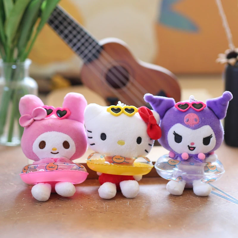 Śliczny Sanrio Kuromi wisiorek Hello Kitty z kółkiem do pływania pluszowe rzeczy zabawki brelok Kawaii akcesoria plecak wiszący ozdoba