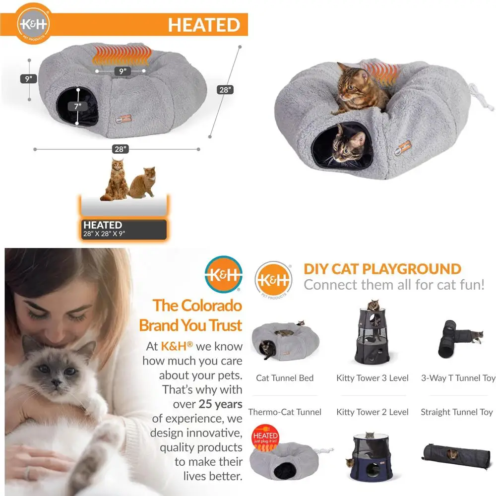 

Круглая лежанка-тоннель для кошек с согревающим центром, игровая и спальная пещера для крупных кошек, 28 дюймов, серая