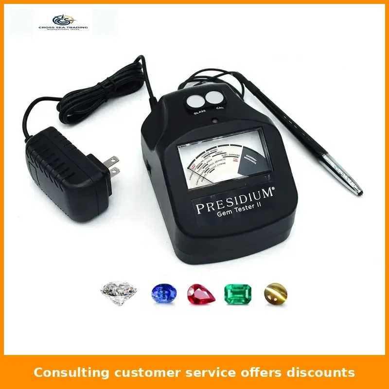 The Presidium PGT II colored gemstone tester estimates and displays gemstone testing tool components and gemstone testers