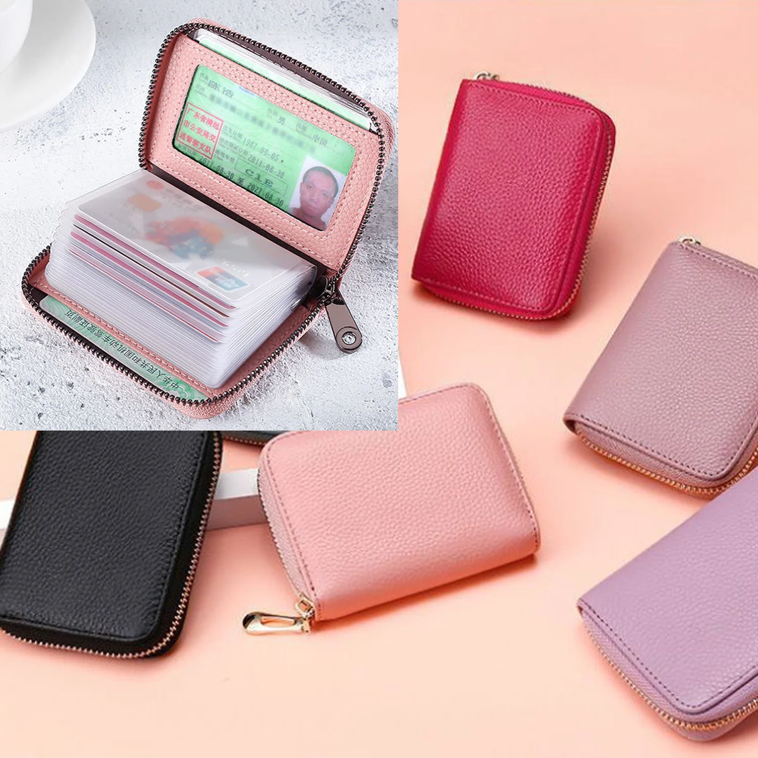 Compact Genuine Leather Credit Card Holder Wallet with 20 Slots Zipper Closure Small Coin Purse Accordion Design for ID Cards