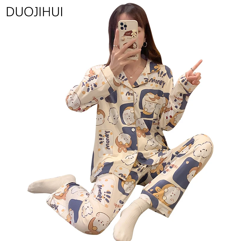 Duojihui Tweedelige Lente Chicly Bedrukte Vrouwelijke Pyjama Set Nieuwe Basis Vest Eenvoudige Broek Mode Casual Thuis Pyjama Voor Dames