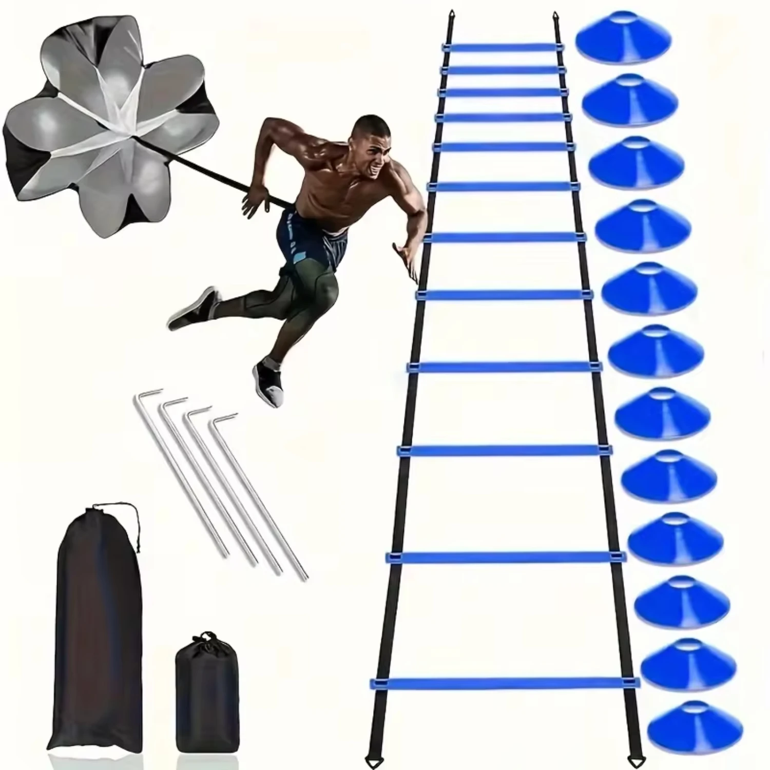 New 1 set Football training Agility ladder set with marker discs 1 Drag Parachute nails obstacles speed agility training