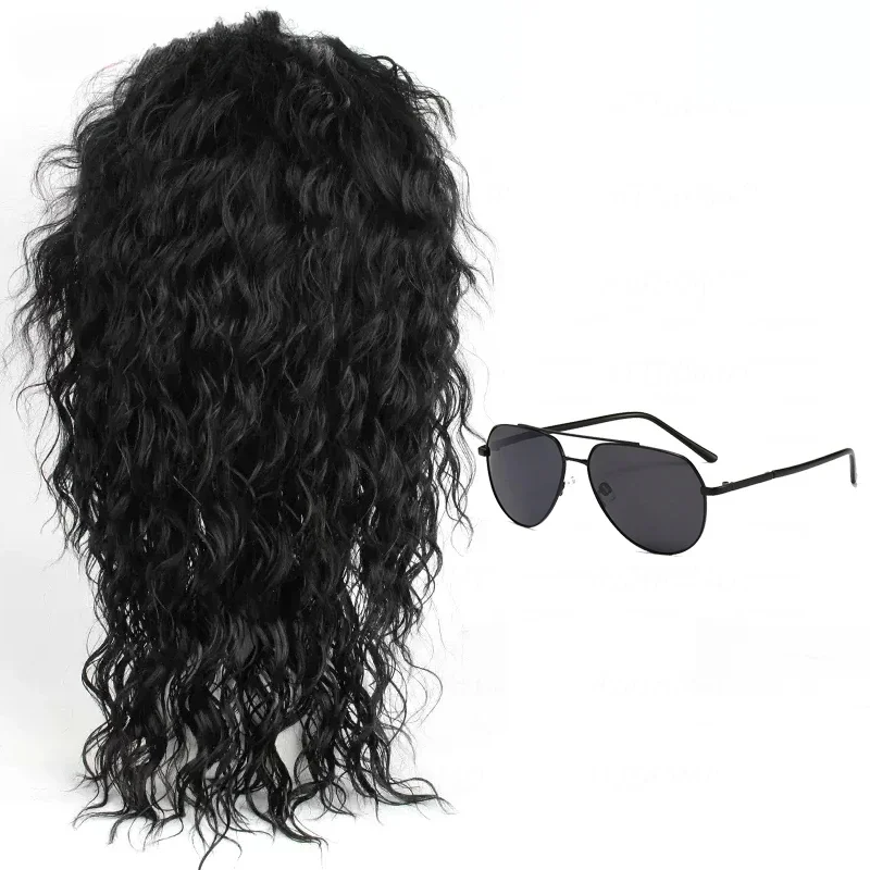 Peruca de Cosplay Anime Michael Jackson, Peruca Preta Michael, Peruca de Cabelo Preto Cacheado Médio-Longo para Role Play