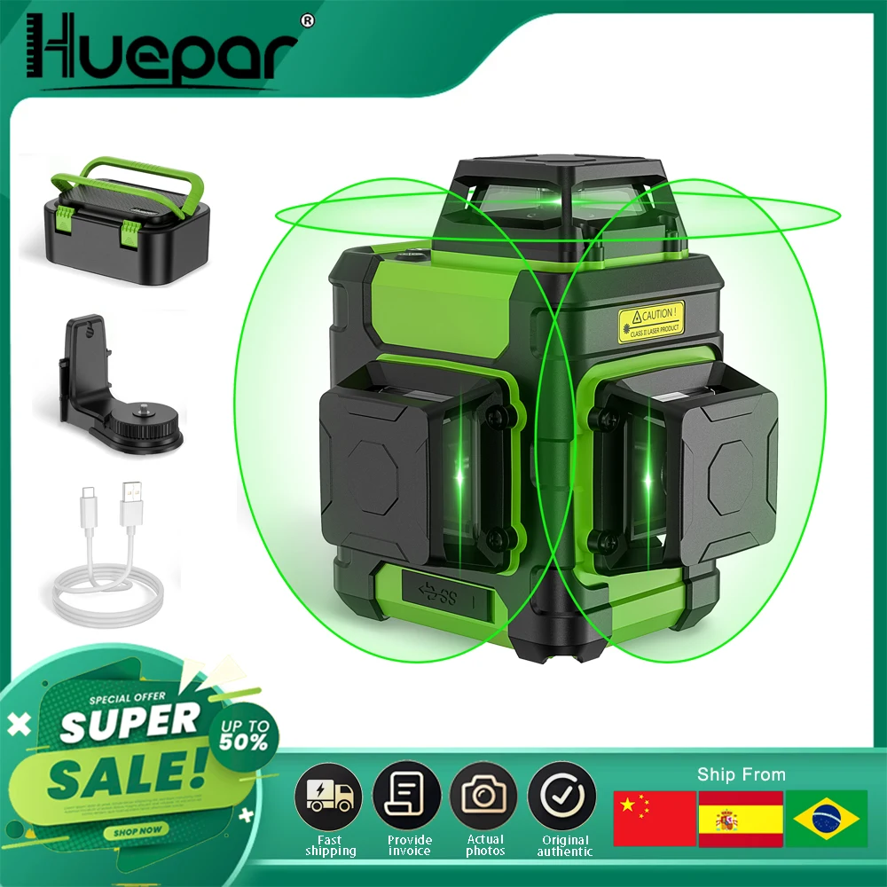 Huepar 3x360° Laser Level Green Beam 12 Lines Self-leveling cross line Laser level tools with Pulse Mode& Hard Carry Case