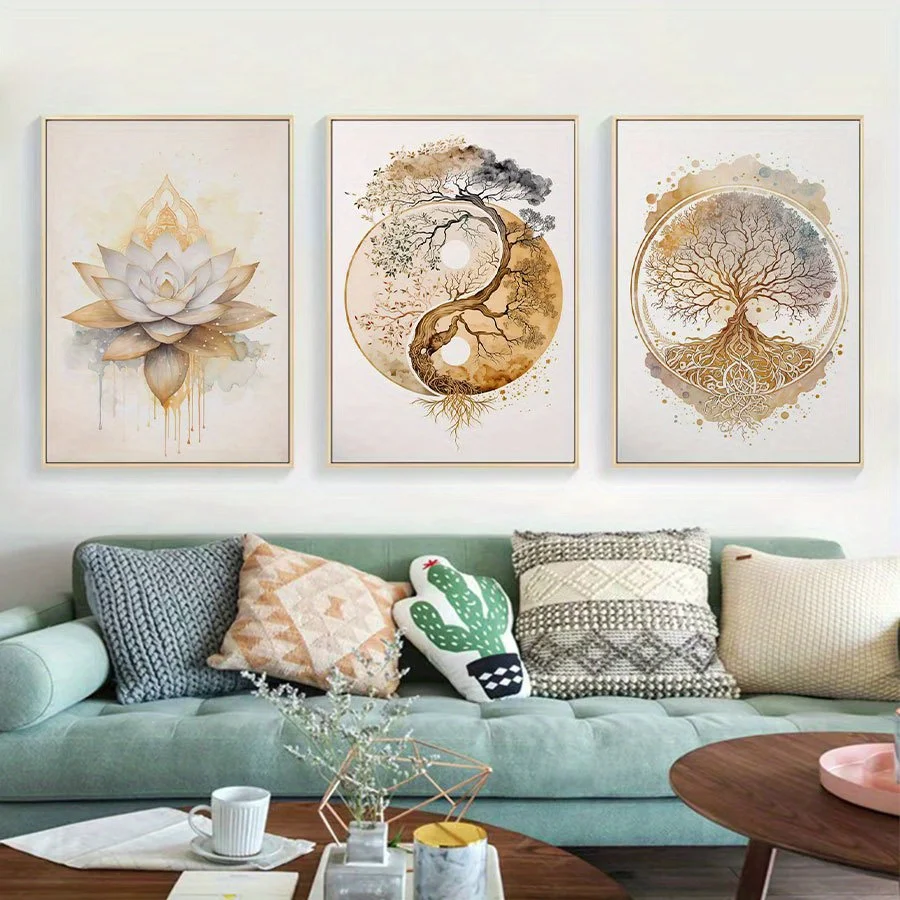 （Unframe 3PCS）-2D Flat, 2D Flat, Set of Three 2D Flat Wall Art Posters Featuring a Bohemian Style with Golden Lotus And Tree