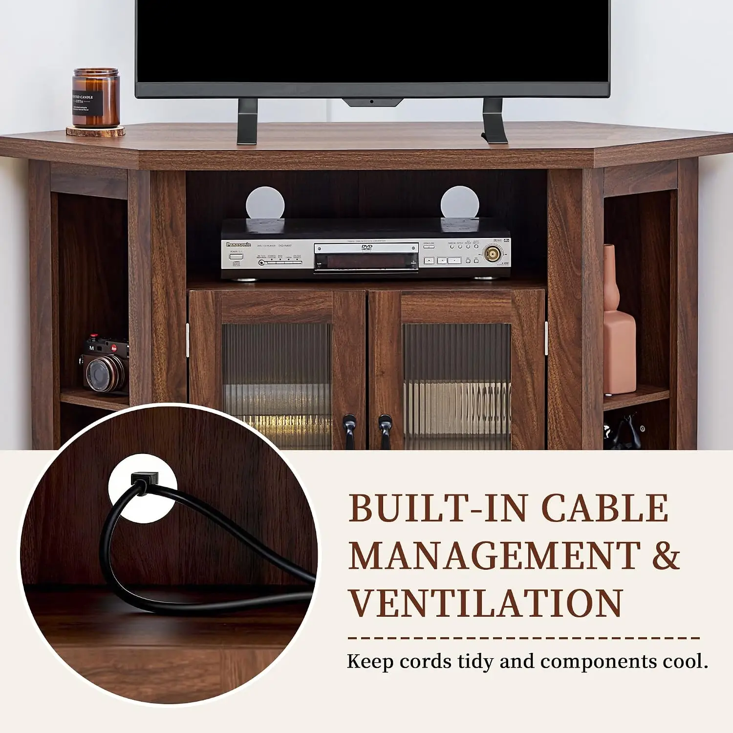 Corner TV Stand 48 Inch, Media Console Storage & 2 Doors, Entertainment Center Living Room Bedroom Walnut, Customized