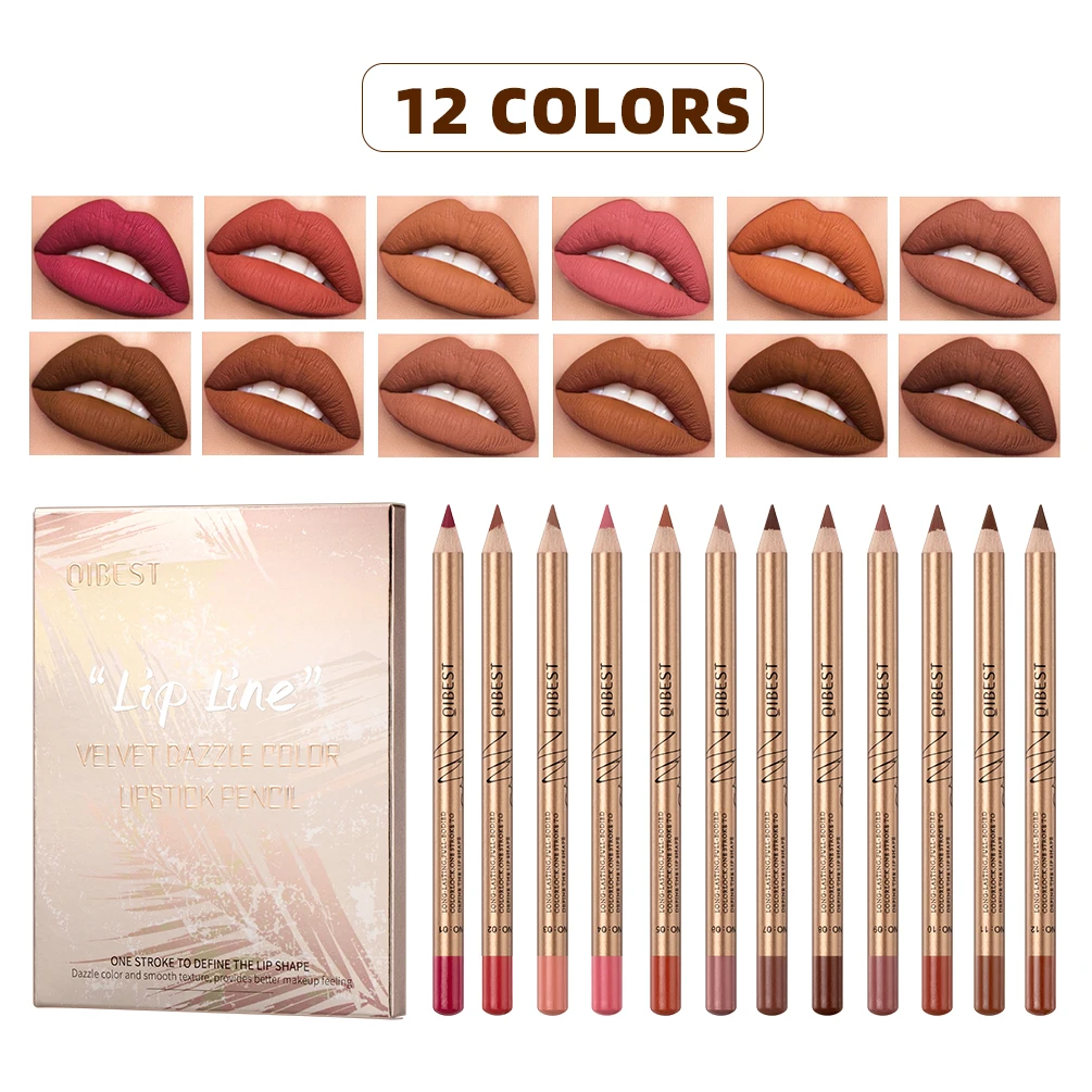 QIBEST 12 Colors Matte Lipstick Pencil Waterproof Lasting Lip Liner Pen Non-stick Cup Lip Liner Contour Pencil Beauty Makeup Set