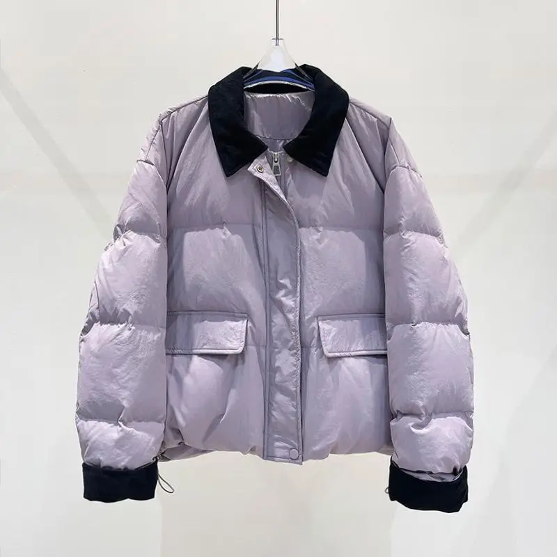 겨울 신상 여성 다운 재킷 통근용 배색 배색 칼라 화이트 덕다운 재킷