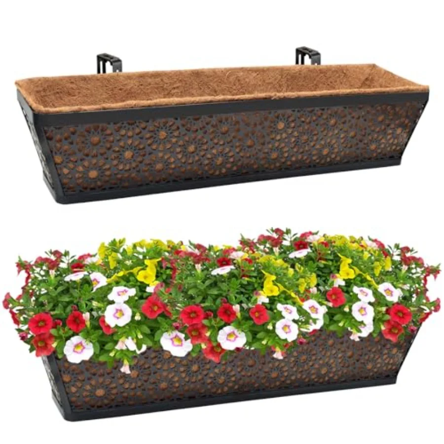 Jardinera de metal resistente con cesta de fibra de coco para marco de ventana, valla, porche, balcón