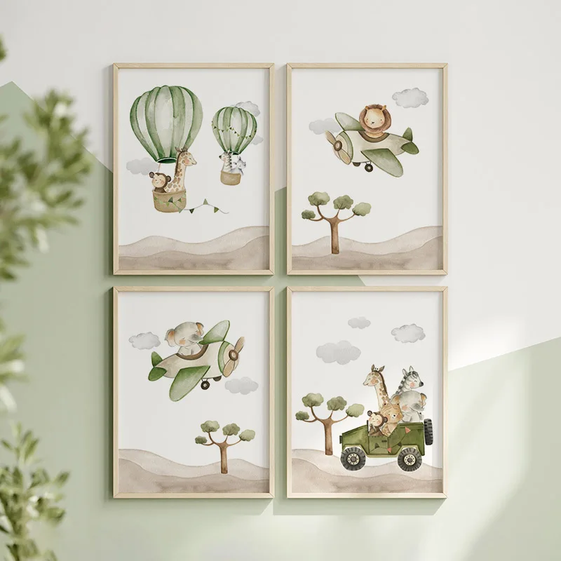 Hot Air Balloon Animals Posters Canvas Painting Elephant Lion Giraffe Monkey Wall Art Nursery Prints Baby Kids Room Home Decor