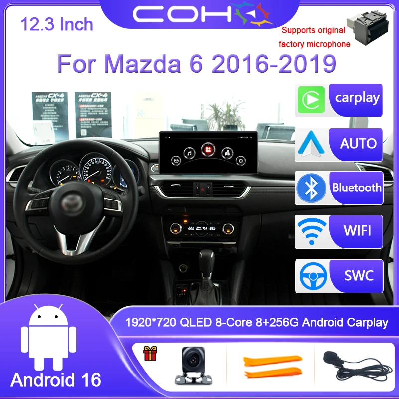 12.3 Inch For Mazda 6 Atenza 2016-2019 Car Stereo Multimidia Car Radio Android 16 Octa Core GPS 4G WIFI QLED Dual System Carplay