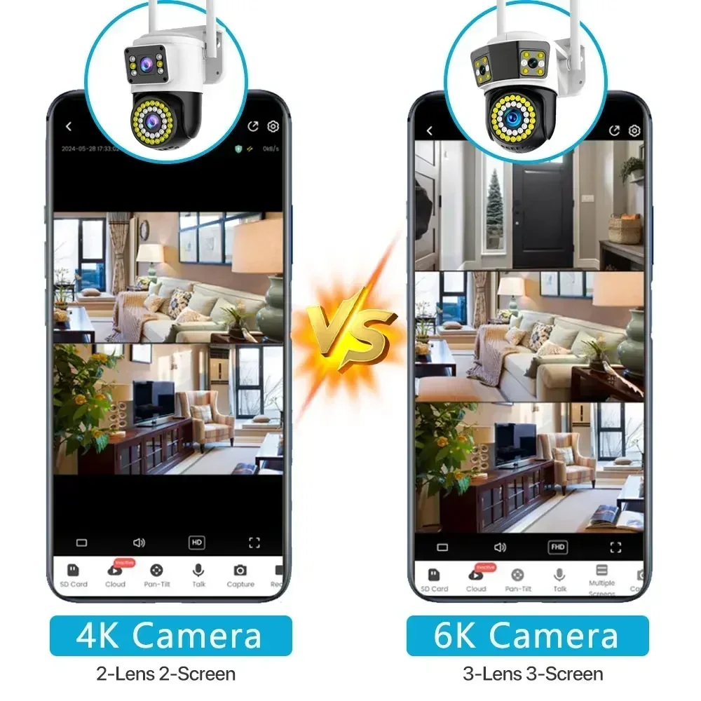 Уличная IP-камера с тремя объективами, поддержка Wi-Fi, PTZ, 128 ГБ, карта MicroSD, 6K, 12 Мп, 2,4 ГГц, Wi-Fi, цветное ночное видение, IP-камера с автоматическим отслеживанием