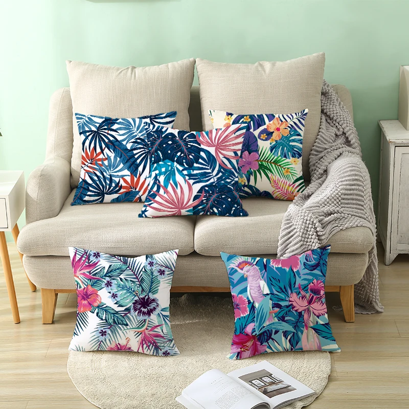 

Colorful plant leaf printed pattern polyester cushion cover for home living room sofa bedroom decoration pillowcase