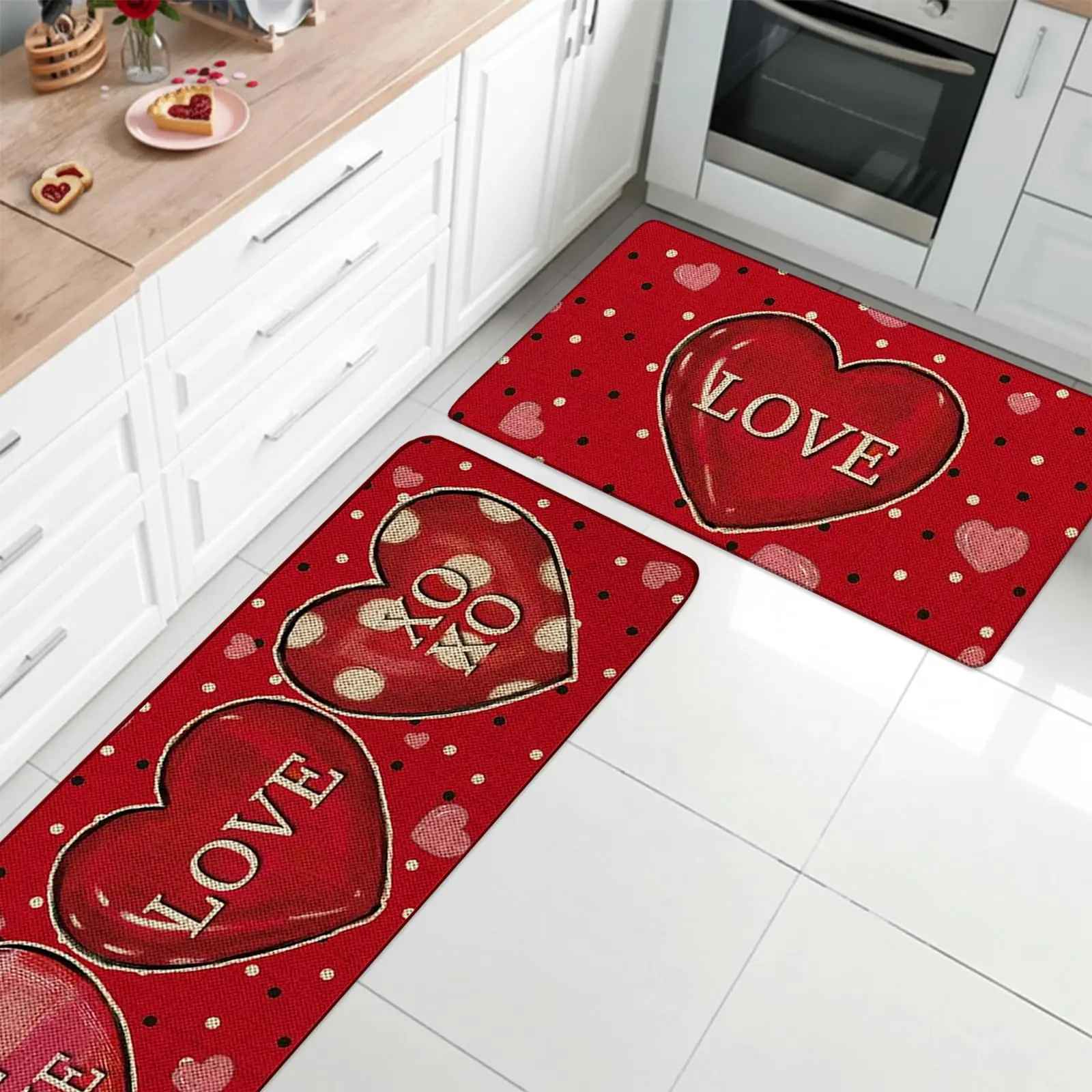 VIKAMA 2-teiliges Valentinstag-Küchenmatten-Set für den Boden, rotes Liebesherz, rutschfeste, waschbare Teppiche, Set für Urlaub, Heimdekoration, Fußmatte