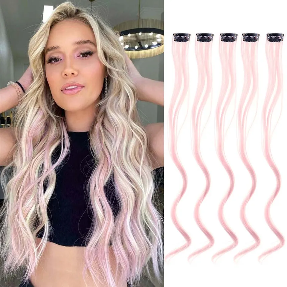 Set de 5 piezas de extensiones de cabello con clip de 18 pulgadas, rizadas, sintéticas, con mechones de colores para mujer