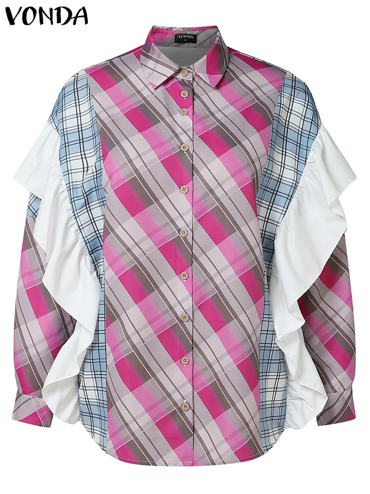 

VONDA женские модные рубашки с длинными рукавами, топы с рюшами, осенние клетчатые рубашки с воротником с лацканами, лоскутные Blusas Femininas, большие размеры 5XL