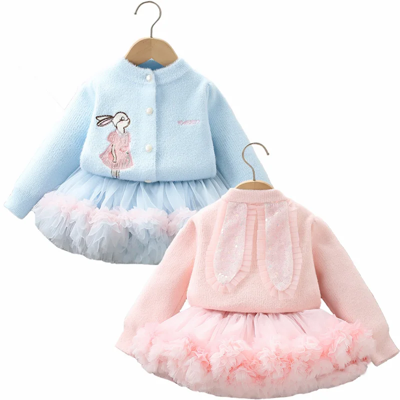 Girl Clothes Set Girls Suits Sweater Cardigan Tutu Tulle Skirt Mesh Ball Gown Baby Toddler Girl Clothing Kids Children Outfit