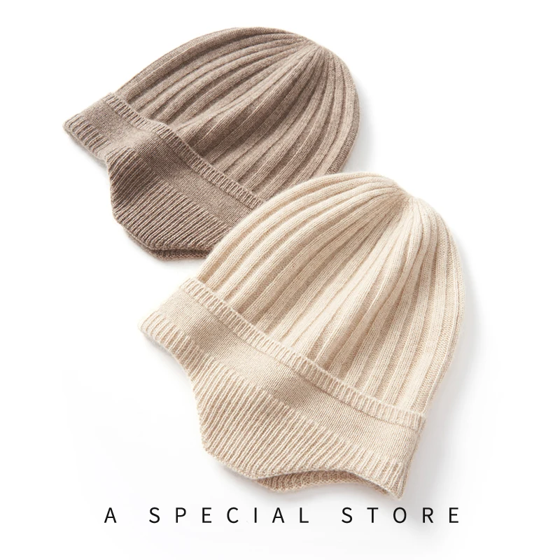 Unisex 100% Cashmere Knit Earflap Caps Ribbing Thick Beanies Winter Vintage Hat Soft Hat Warm Ear Protectors for Women Men