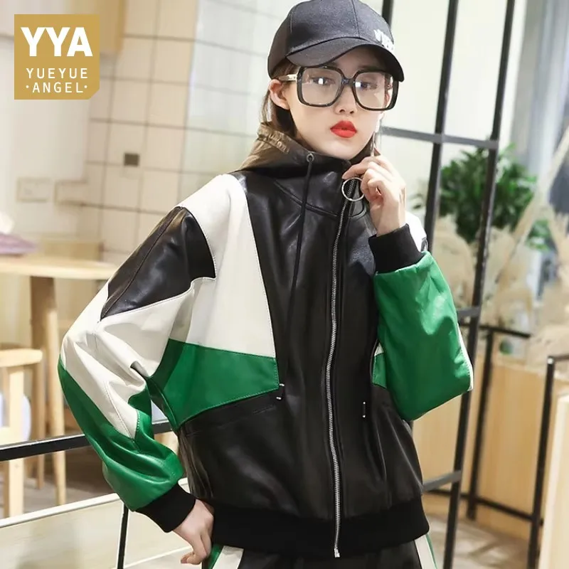 

Spring Casual Genuine Leather Hooded Jacket Women Long Sleeve Stand Collar Zipper Loose Fit Spliced Street Sheepskin Short Coat