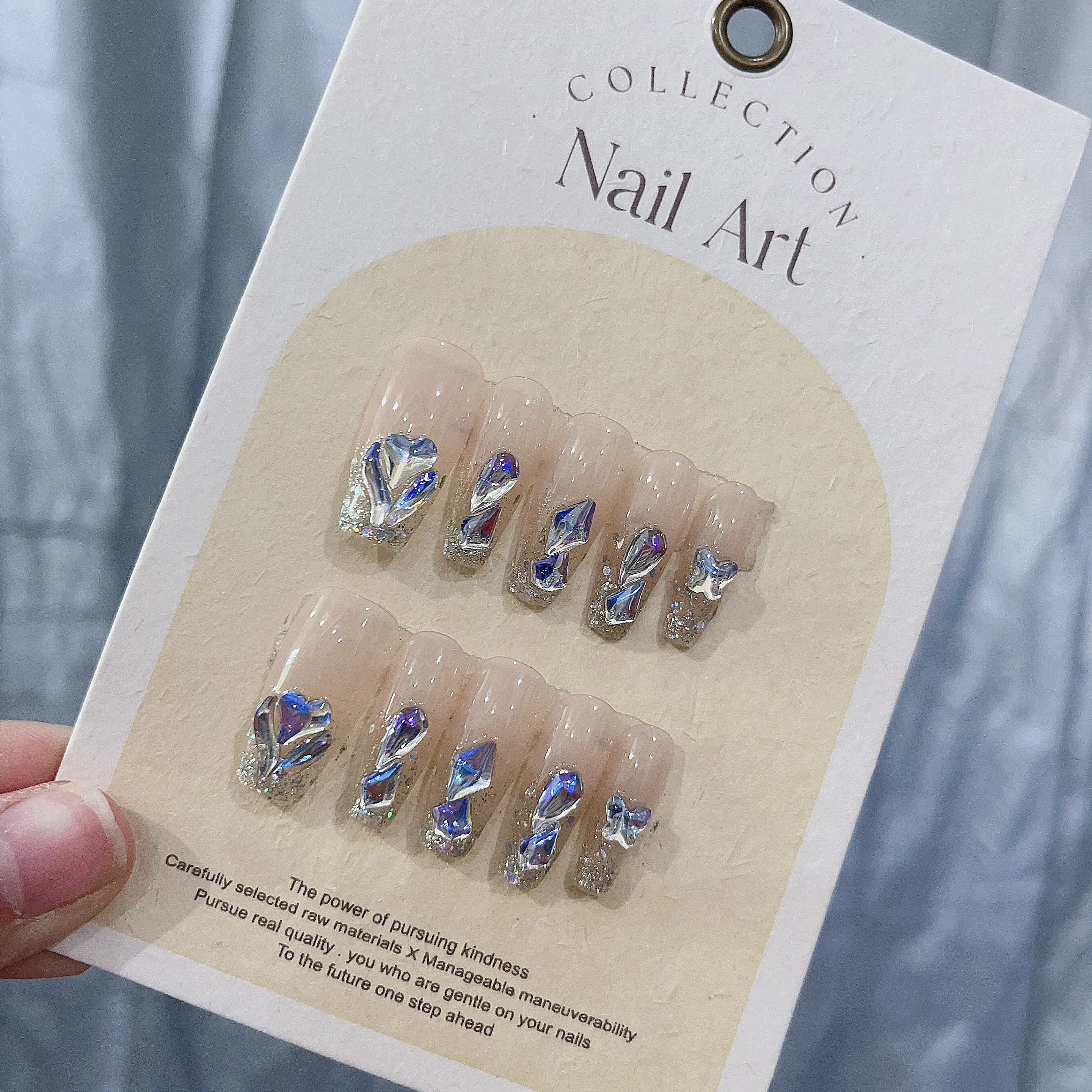 Emmabeauty Ice Blue Handmade Press on Nails-Diamond Shaped Crystals in the Middle and Glossy Finish-Refreshing and Moving