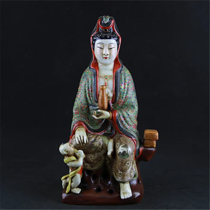 Rare ola Chinese  Pastel porcelain Sitting Stone Avalokitesvara Buddha Sculpture