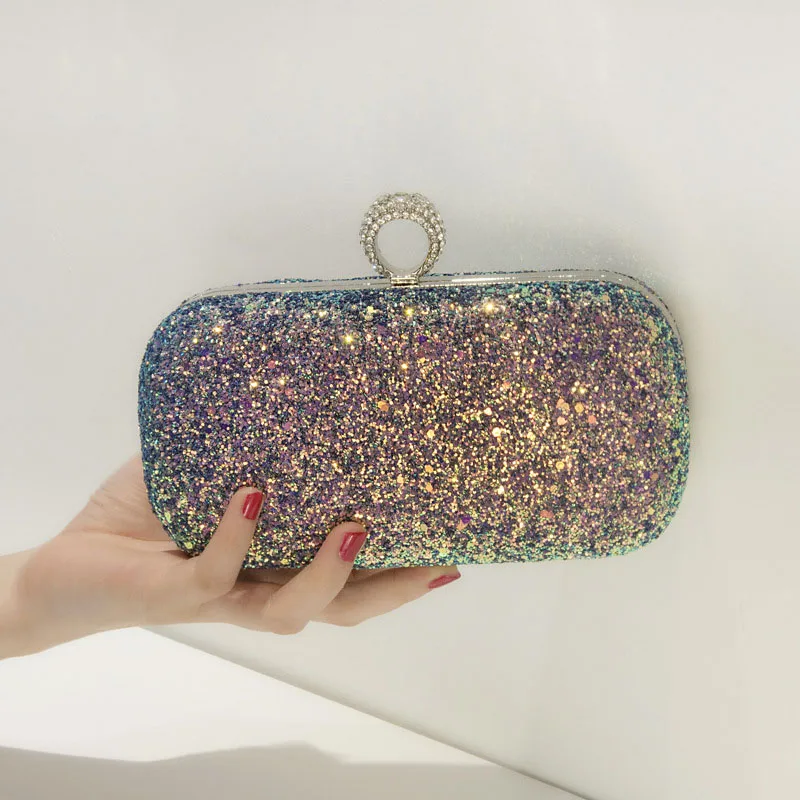 

Sequins Dinner Bag Versatile Finger Ring Clutch Women's Bag Banquet Evening Party Purse Chian Shoulder Bags with Chain Handbags