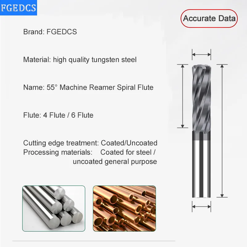 Machine Reamer Spiral Flute Solid Carbide Metal Cutter CNC for Metal Stainless Steel Aluminum Tool 1/8 3/16 1/14 5/16 3/8 1/2