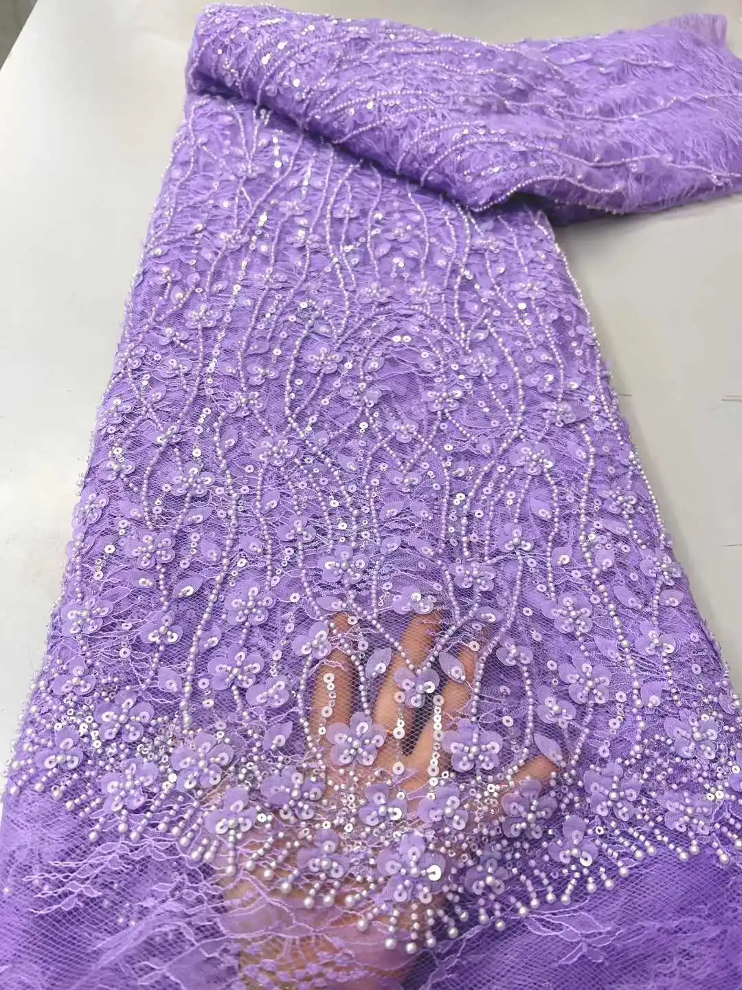 

Высококачественная африканская кружевная ткань 2026 года с пайетками и жемчужной вышивкой, французские бисерные тюлевые кружева для пошива свадебных платьев